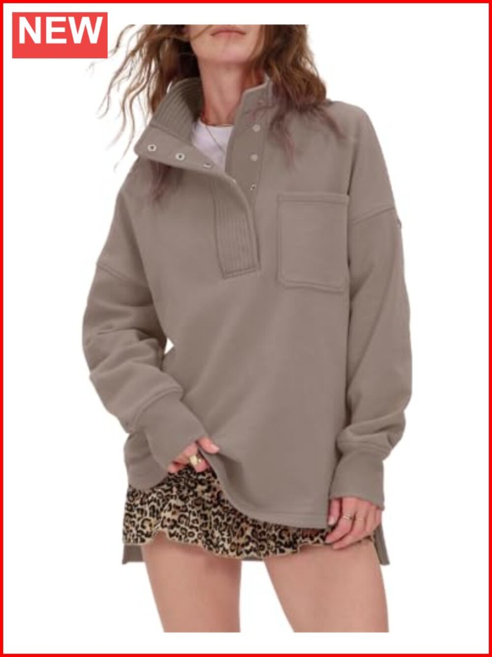 Oversized Henley Neck Snap Button Sweatshirt Drop Shoulder Pullover